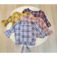 ราคา เสื้อลายสก๊อตคอเหลี่ยมผูกโบว์ไขว้หลัง (20839937594)
