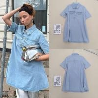 ราคา Gan** Spring/Summer New Light Blue Cotton Simple Casual Women's Turn-down Collar Denim Pocket Dress A A-line skirt (46910467603)