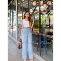 ราคา กางเกงขาบานกระบอกใหญ่ ผ้าทวีตชาแนล สีฟ้า size s (งานมือสอง) (17288744677)