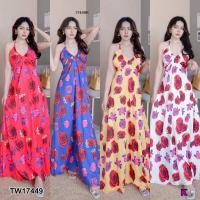 ราคา J17449 Dress แม็กซี่เดรสคล้องคอ ผูกโบว์หลัง พิมลายดอกกุหลาบ Halter neck maxi dress, bow tie at the back, rose print (14480103187)