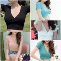 ราคา เสื้อครอปไขว้หน้าแขนสั้น สีพื้นสไตล์พลาสเทล น่ารักสดใส (15749205394)