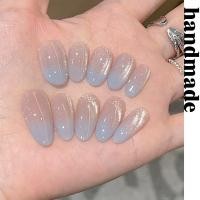 ราคา กดบนเล็บทําด้วยมือ [Iceland Blue] Two-Color Gradient White Blooming Water Side Light Cat Eye เล็บปลอมทําด้วยมือสวมใส่เล็บ (27339741193)