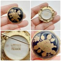 ราคา เข็มกลัดวินเทจ Limoges France ทำจากพอร์ซเลนสีน้ำเงินเข้มพร้อมลวดลายกุหลาบสีทอง งานญี่ปุ่นมือสอง (49801007429)