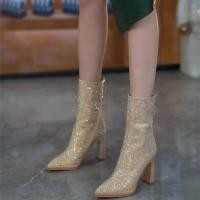 ราคา พร้อมส่งจากไทย รองเท้าบูท ส้นสูง หัวแหลม ส้นหน้าแต่งเพชร Size 40 (40525996257)