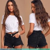 ราคา USED Lev.is - Black Distressed Denim Shorts | กางเกงยีนส์ขาสั้นสีดำ เอวสูง กางเกงตัดขา y2k สายฝอ แท้ มือสอง (28255260559)