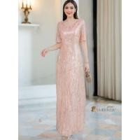 ราคา SUKUNYA ชุดราตรีออกงาน ชุดเดรสยาวคอวีปักเลื่อมวิ้งๆ สีพิงค์โกลด์ SIZE L อก 38" (40578639779)