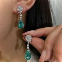 ราคา สุภาพสตรี 925 ต่างหูเงิน S925 Paraiba Teal ขนาดใหญ่ Drop Stud พร้อม Cubic Zirconia & Emerald อารมณ์ (58059712378)