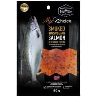 ราคา มายช้อยส์เนื้อปลาแซลมอนเทราต์นอร์เวย์รมควันพริกไทยดำ 80กรัม My Choice Trout BlackPepper80g [8853474085378 ] (26344712110)