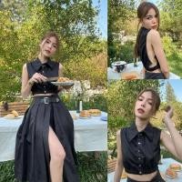 ราคา เสื้อเชิ้ตแต่งกระดุมเพชรเว้าข้างพร้อมกระโปรงผ้าซาติน (22947554699)