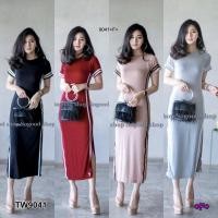 ราคา PE9041 Dress เดรสยาว ตีแทบ ผ่าชายกระโปรง 2 ข้างผ้าเรย่อนเนื้อดี (4315477829)