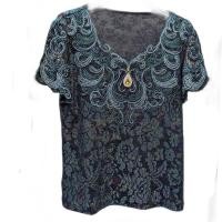 ราคา ♞,♘Blue embroidered summer T-shirt for women loose fit with slimming effect short sleeve V-neck dai (43257431379)