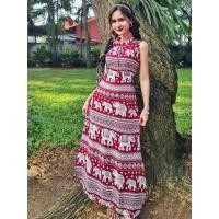 ราคา ชุดเดรส ลายช้าง คอจีน เชือกมัดหลัง ลายช้างสีแดง (26741433514)