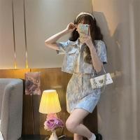ราคา E11 พร้อมส่ง เดรสแฟชั่นผ้าเดนิมดีไซน์หวานเสื้อแขนสั้นสไตล์ย้อนยุคฝรั่งเศสย้อนยุค เสื้อ+กระโปรง (18626771689)