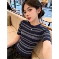 ราคา สไตล์เกาหลีสีกรมท่าลายถักแขนสั้นเสื้อยืดผู้หญิงฤดูร้อนยักษ์-การออกแบบที่ตามหาความรู้สึกสลิมฟิตด้านบนตาหมากรุกฉันตรงกับสวัสดี ว7พี (50860456778)