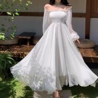 ราคา ชุดเดรสแม็กซี่ผ้าชีฟองเปิดไหล่สีขาวสําหรับผู้หญิงชุดเดรสทรงเอสม็อคแขนยาวชุดเดรสนางฟ้าเรียบหรูสําหรับวันหยุดชายหาด (45911196098)