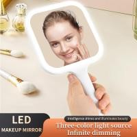 ราคา กระจกแต่งหน้าพกพาแบบสี่เหลี่ยม LED พร้อมไฟสามสี ปรับความสว่างได้ กระจกพกพาแบบมีไฟ (44413751957)