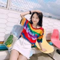 ราคา MKL พร้อมส่ง เสื้อยืดลายทาง สีรุ้ง ทรงหลวม ขนาดใหญ่ใส่สบาย สำหรับผู้หญิง #9024 (24526270199)