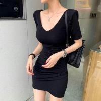 ราคา Korean Style V Neck Dress Women Summer Slim Fit Ruched Low Cut Bodycon Dress (57310540808)