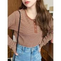 ราคา เดี่ยวญี่ปุ่น!Front Back Two Wear~All-Match Slim-Fit Stretch Half-Cardigan Striped Long-Sleeved (44861873986)