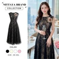 ราคา [NITTAYA] D2745 ชุดเดรสกระโปรงยาวคอกลมแขนกุดเข็มกลัดดอกไม้ผ้าลูกไม้ซีทรู ใส่ดินเนอร์ งานแต่ง ออกเดท (44001624287)