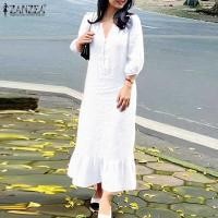ราคา ➧ Esolo ZANZEA Womens 3/4 Sleeve V-Neck Midi Dresses Casual Plain Ruffle Maxi Sundress #8 (27951492246)