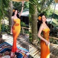 ราคา Cicishop(Y6269) เดรสยาวสีเหลืองอมส้ม สายปรับได้ ผ้าซีทรูมีซับใน พิมพ์ลายดอกข้างตัว สไตล์สาวฮาวาย (28234911937)