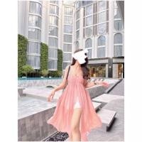ราคา เดรสชีฟองผ่าหน้า+กางเกงขาวเอวสมอค ชุดสีชมพู (23540445347)