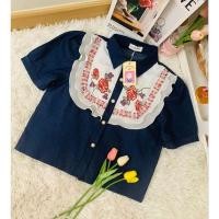 ราคา เสื้อยีนส์ปักดอกกุหลาบแต่งระบายอัดพลีท (22988174298)