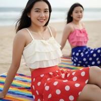 ราคา เสื้อว่ายน้ำแบบครอปแต่งระบายคู่กับกระโปรงสั้นลายจุดสีแดงและสีน้ำเงิ (56004206104)