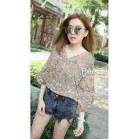 ราคา เสื้อลายดอกคอวีแขนบอลลูน (6776649710)