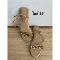 ราคา รองเท้าแตะรัดข้อจาก ZARA แท้ ไซส์ 38 สีเบจ ดีเทลอะไหล่โซ่ทอง มือสองสภาพดี (53005794122)