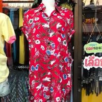 ราคา เสื้อเชิ้ต ทรงแสก แขน4ส่วน สีแดงลายดอกขาว ผ้าดิ้นๆ (1978108090)