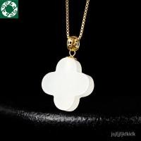 ราคา วัสดุเก่าธรรมชาติ Hetian หยกขาวจี้โคลเวอร์สี่ใบของแท้18Kสร้อยคอจี้หยกฝังทองรุ่นผู้หญิง BK9I (22279192547)