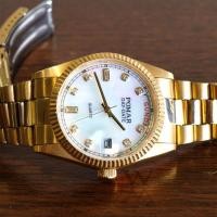 ราคา นาฬิกา POMAR รุ่น 73479 GG0202 - DAY-DATE QUARTZ (หน้าขาวมุก ประดับคริสตัล ขอบหยัก-สายสีทอง) ใช้ถ่าน (10426360312)