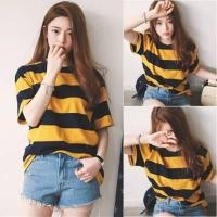 ราคา เสื้อลายทางแนวสตรีท ลายทางดำเหลือง ผ้าใส่สบาย สีสด เสื้อยืด พร้อมส่ง (9214128619)