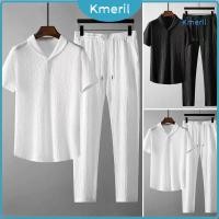 ราคา 2 ชิ้น / เซต เปิดลง ปก ยางยืด เอว จีบ ชุดลําลอง แขนสั้น เสื้อเชิ้ต เชือกรูด กางเกงขายาว ชุดเสื้อผ้าผู้ชาย (25458948239)