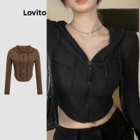 ราคา Lovito เสื้อยืดลําลองเสื้อยืดด้านหน้าซิปธรรมดาสําหรับผู้หญิง LNE29373 (สีน้ําตาล) (50562066829)