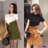 ราคา GN7912 **รบกวนสอบถามก่อนสั่งซื้อจ้า** Set 2 ชิ้น เสื้อยืด + กระโปรงStriped sleeve blouse + buttoned skirt + waist tie (2158434535)