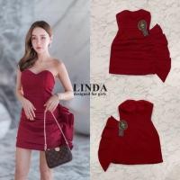 ราคา เดรสเกาะอกสีแดง เดรสสีแดงเลือดหมู linda (7309041393)