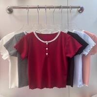ราคา เสื้อครอปคอกลม แต่งลูกไม้ ติดกระดุมหน้า (41765277484)