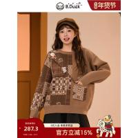 ราคา [Stacked Bear Checked House] B.Duck เป็ดน้อยสีเหลือง 2025 ฤดูหนาวตรวจสอบเย็บ Preppy สีกาแฟปักเสื้อกันหนาวผู้หญิง (40826998303)