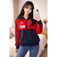 ราคา เสื้อแจ็คเก็ตมีฮู้ด Adidas มือสอง สีแดงดำ ผ้าวอร์ม สภาพดี อก36S433⚡ (57807609112)