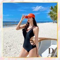 ราคา ชุดว่ายน้ําบิกินี่ One Piece Plain Black 4 Straps Spaghetti Cross Back Sexy (42929976689)