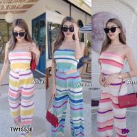ราคา J15538 Set 2 ชิ้น เสื้อเกาะอกอัดพลีทลายริ้ว + กางเกงขายาว (6793443569)