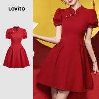 ราคา Lovito เดรสยาวสีแดงประดับกระดุม ดีไซน์หรูหรา สำหรับฤดูใบไม้ผลิ/ฤดูร้อน สำหรับผู้หญิง L156AD289 (52012061141)