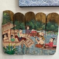 ราคา ภาพวาดไม้สักเก่า 5 แผ่นต่อ งานเพ้นท์มือวินเทจ (กว้าง 20-21 x สูง 14-17 นิ้ว) ภาพวิถีชีวิตไทยโบราณ สำหรับตกแต่งบ้าน (40331698781)