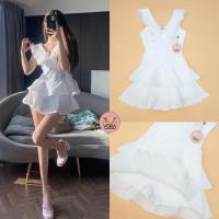ราคา เดรสแขนกุดคอวี แต่งระบายลูกไม้ช่วงปก แต่งตะขอเกี่ยวช่วงอก เอวเข้ารูป (22770997388)