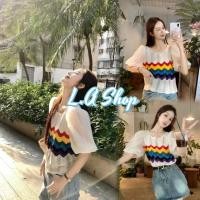 ราคา L.A Shop พร้อมส่ง เสื้อถักไหมพรม คอหยัก แขนสั้นชีฟอง ลายทางสีรุ้ง "C632-1" -C (23268235347)