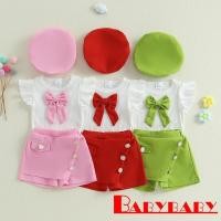 ราคา Bab-Baby Girl 3 ชิ้น Summer Ruffle Sleeve Bow Tops + กางเกงขาสั้น + ชุดหมวก (43354656836)