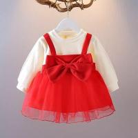 ราคา (พร้อมส่งจากไทย) เสื้อผ้าเด็กผู้หญิง​ ชุดเดรสกระโปรง แขนยาวเอี๊ยมโบว์ สีแดง รหัส LS40 (22677441698)